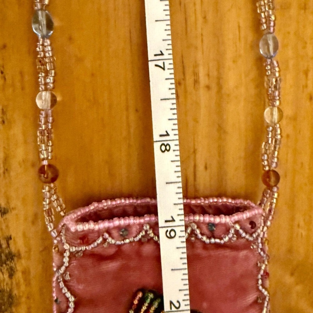 Vintage Pink Velvet Beaded Kokopelli Pouch Necklace Boho Crossbody Mini Bag 90s - Picture 11 of 12